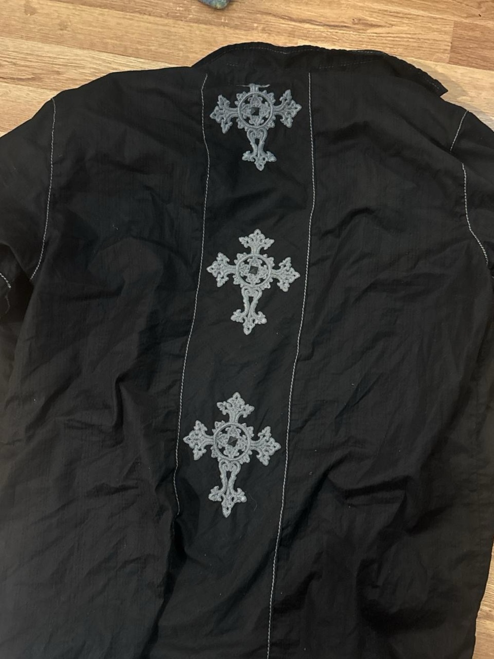 Black Label Black Button-Down Shirt with Gray Cross Embroideries